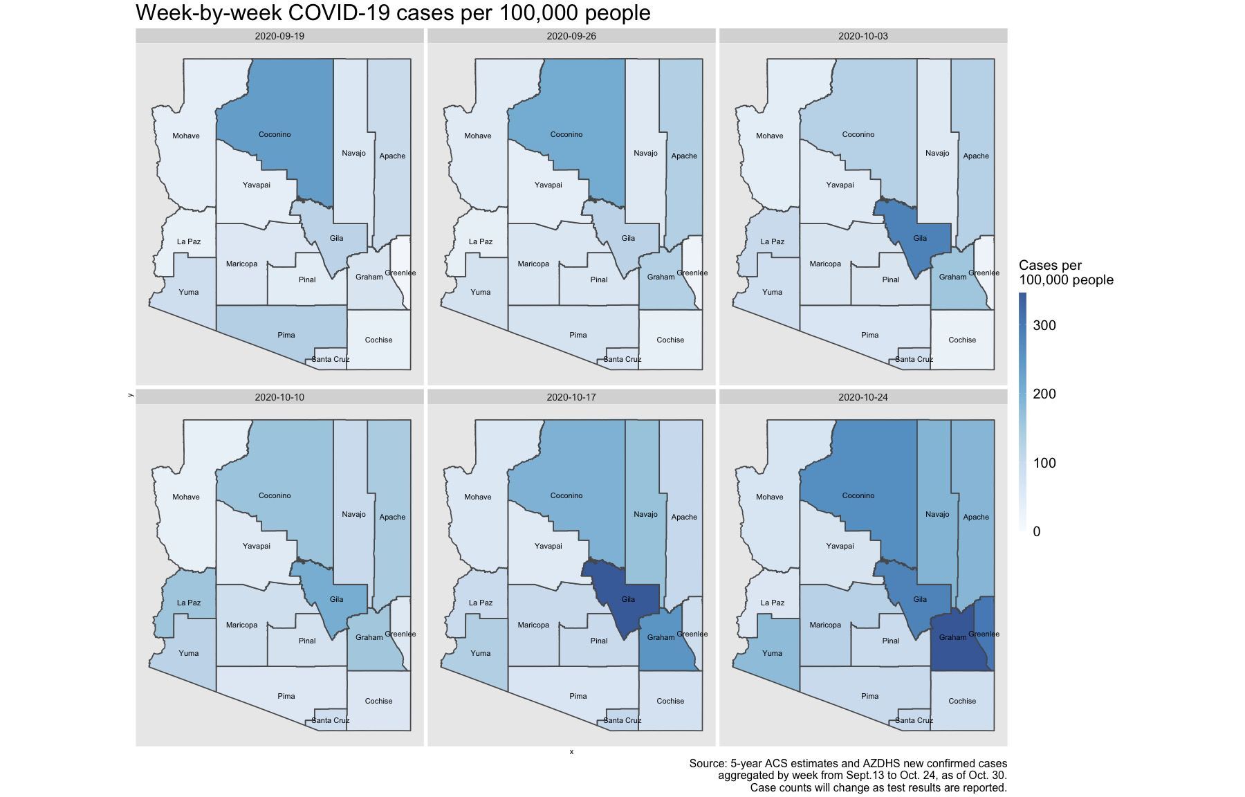 Week-by-week COVID-19 cases per 100,000 people